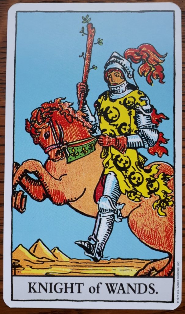 the Knight of Wands tarot card from the famous Rider Waite Tarot Deck