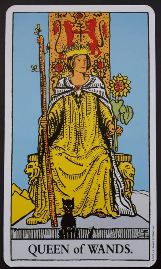 The Queen of Wands tarot card from the famous Rider Waite Tarot Deck