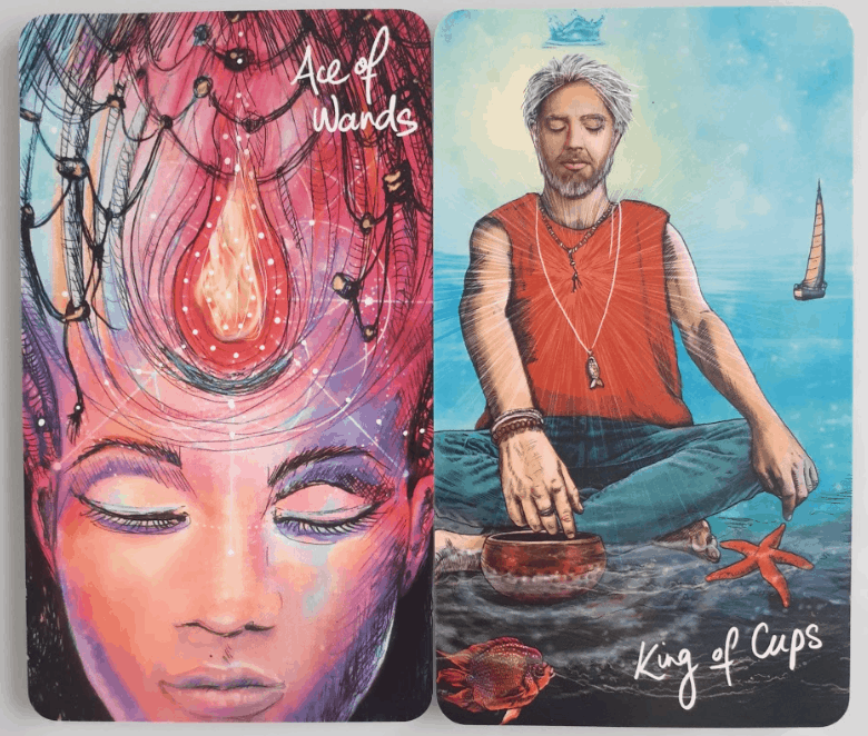 the ace of wands and king of cups tarot card combination from the Light Seer's Tarot Deck 