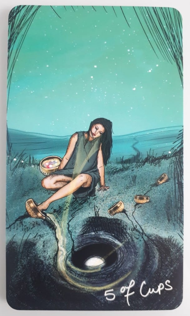 The 5 of Cups tarot card from the beautiful and popular Light Seer’s Tarot Deck