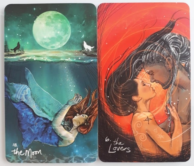 the moon and the lovers tarot cards from the Light Seer's tarot deck