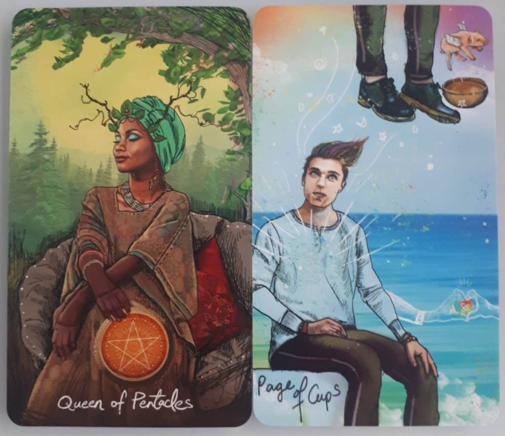 Queen of Pentacles and Page of Cups tarot card from the Light Seer's tarot deck